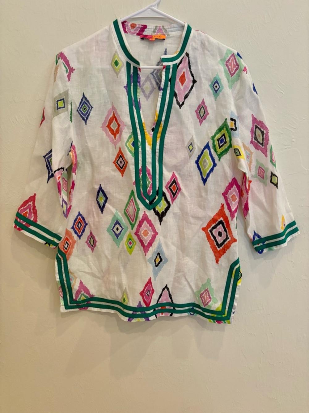 Vilagallo 100% Linen Ikat Tunic Contrast Trim Portugal Sz S 38 Colorful - Picture 2 of 9